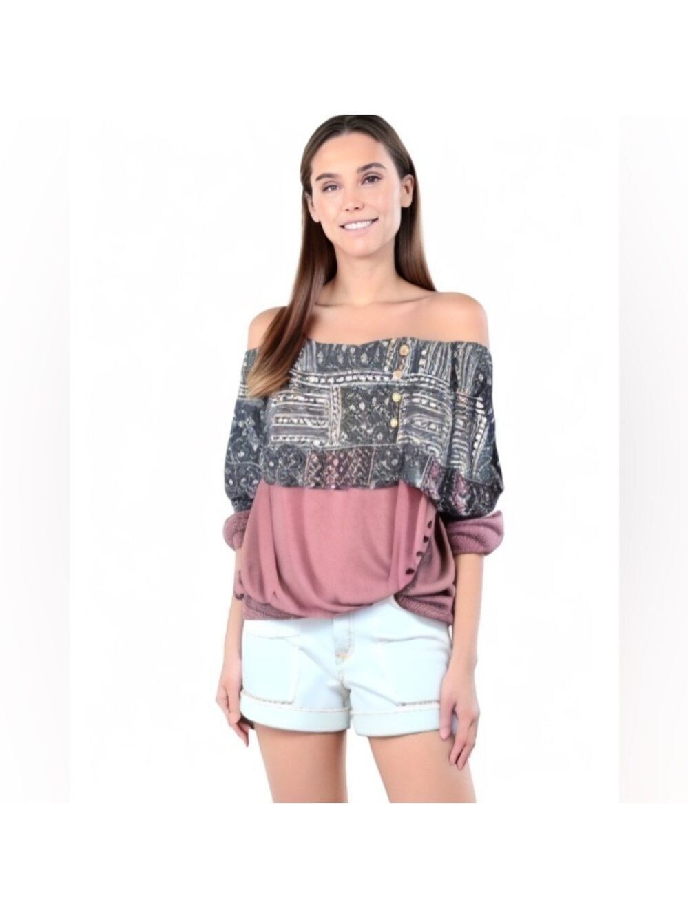 Boho Long Sleeve Off the Shoulder Abstract Floral Button Detail Sweater